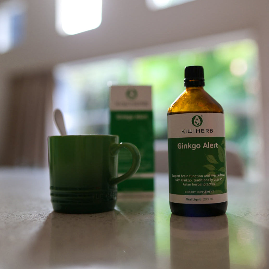 Bottle of Ginkgo Alert on a Table to Support Brain Clarity