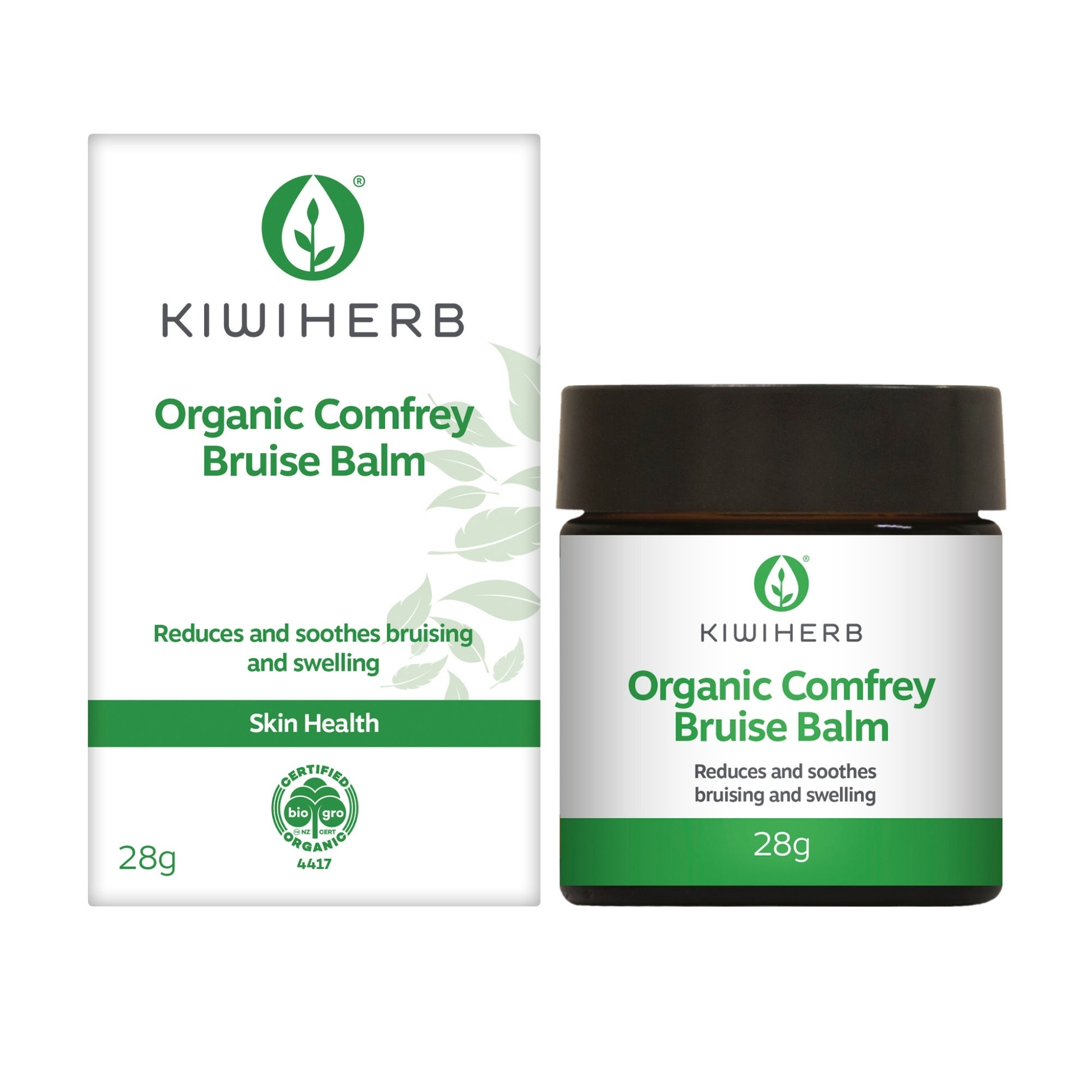 Organic Comfrey Bruise Balm by Kiwiherb in 28g jar with box packaging. Herbal skincare for reducing bruising and swelling, BioGro Certified Organic.