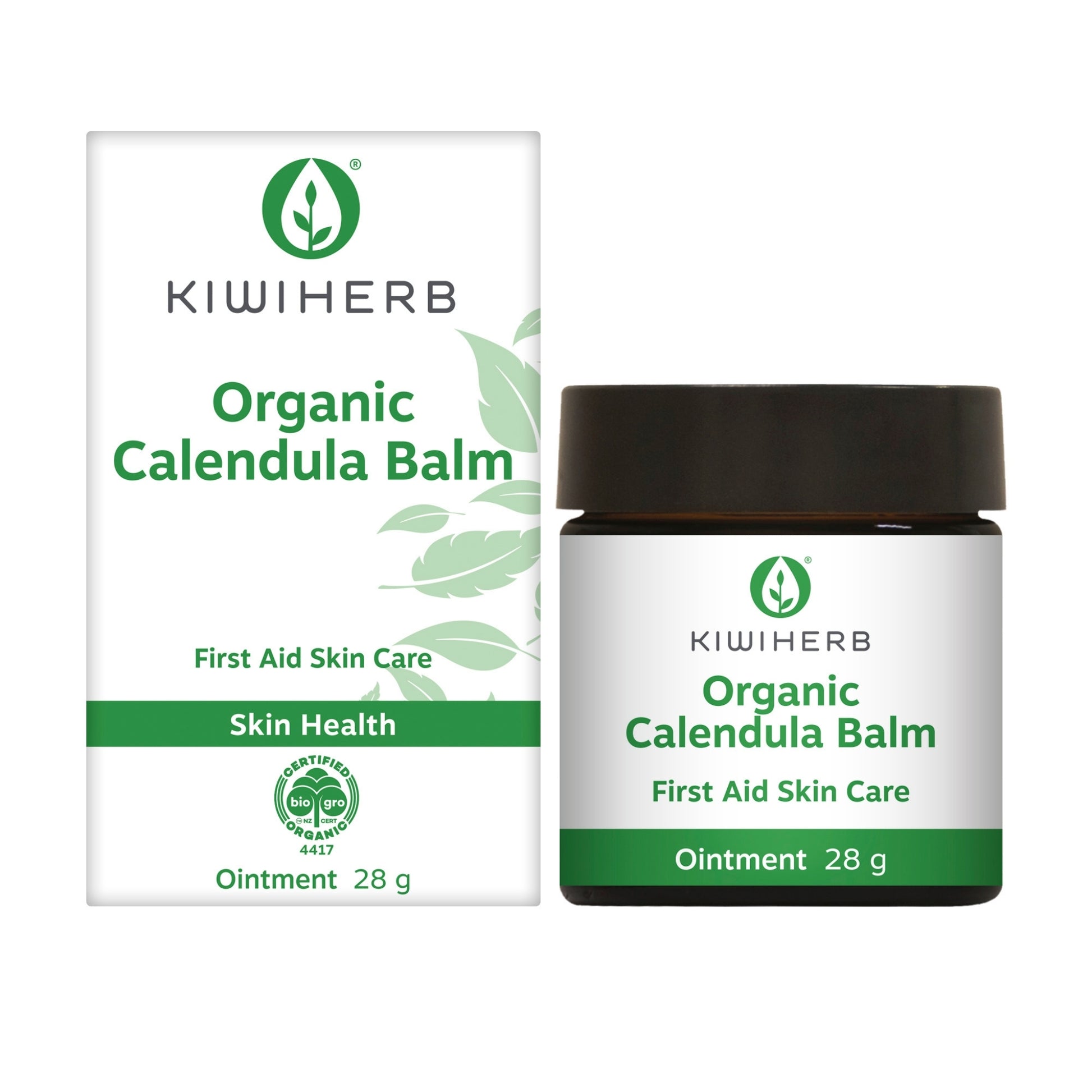 Organic Calendula Healing Balm by Kiwiherb in 28g jar with box packaging. Certified organic skincare ointment for natural skin repair and health.