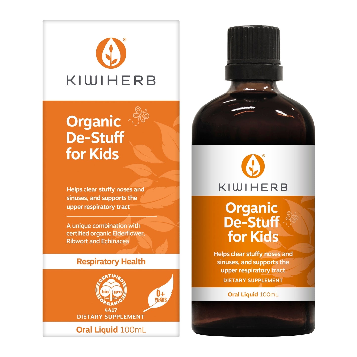 A 100mL glass bottle of Organic Certified De-Stuff for children.