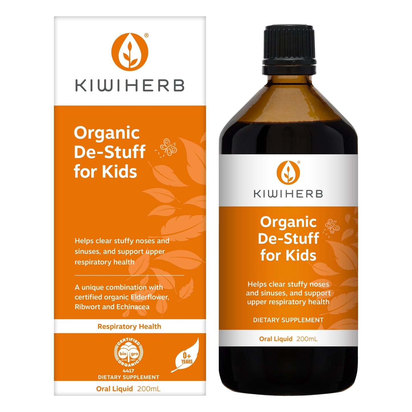 A 200mL bottle of Organic Certified De-Stuff for children. It helps with blocked ears and ear infections.