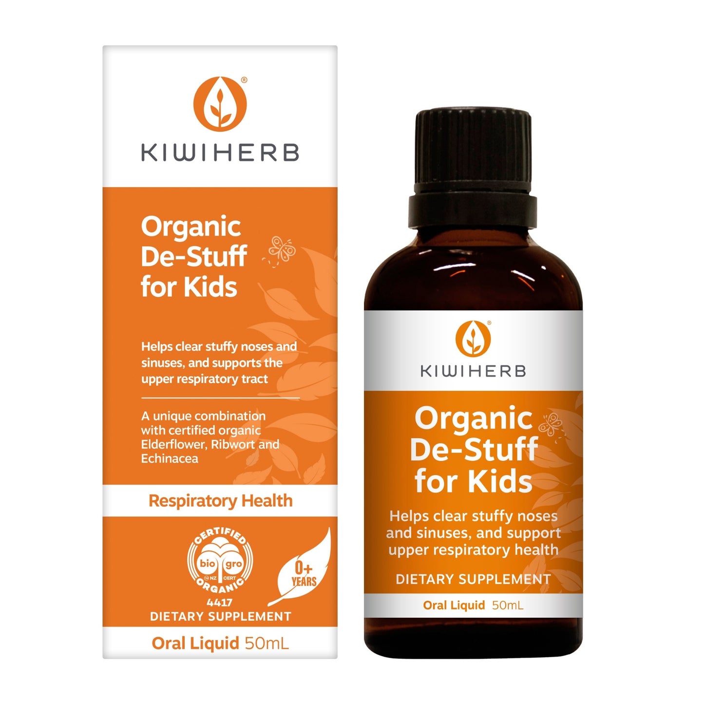 A 50mL bottle of Organic De-Stuff for Kids to support blocked nose and sinus congestion.