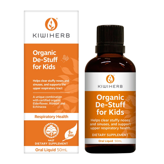 A 50mL bottle of Organic De-Stuff for Kids to support blocked nose and sinus congestion.