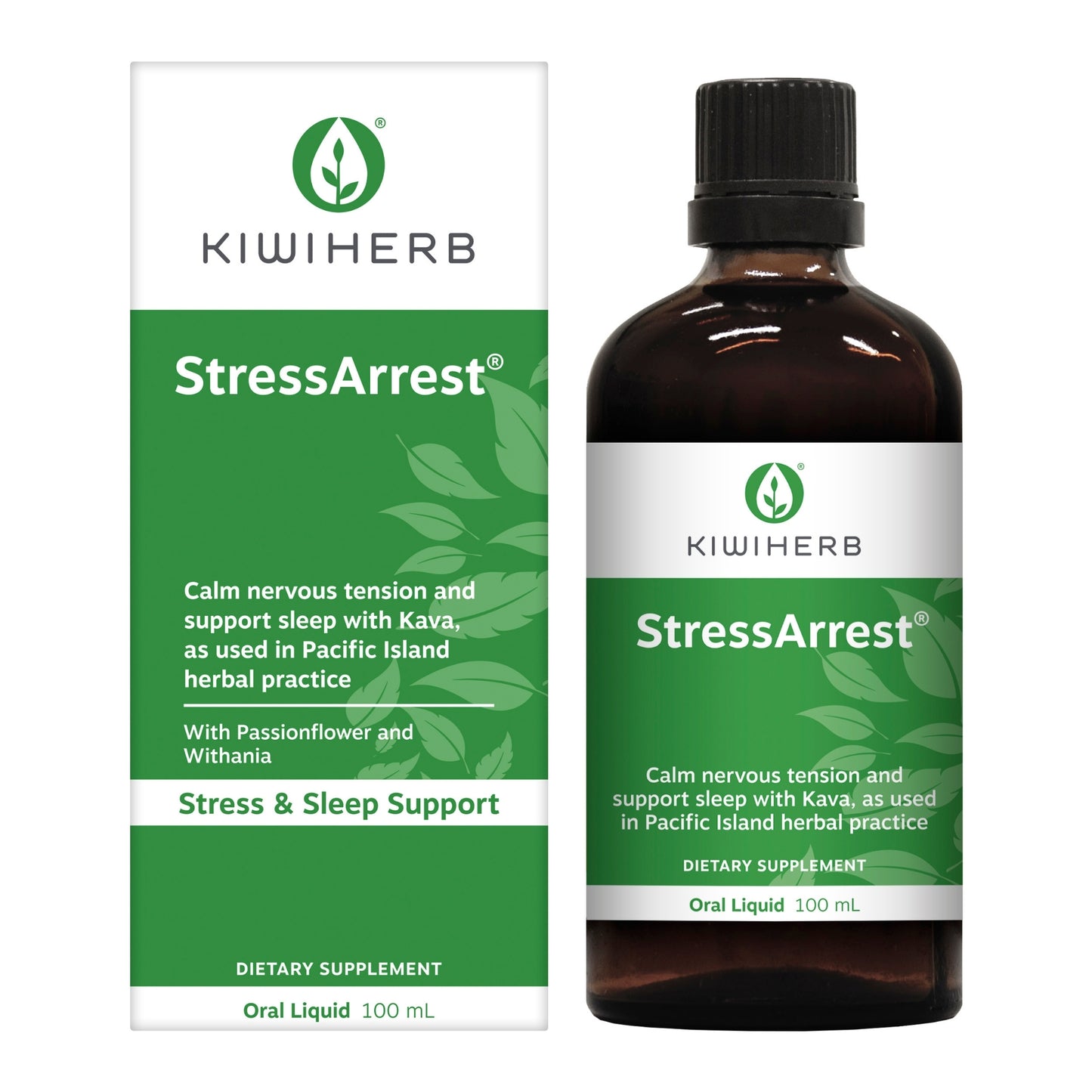 A 100mL bottle of Stress Arrest. With Herbals support like Kava, Withania by Kiwiherb, oral liquid for calming nervous tension and sleep support.