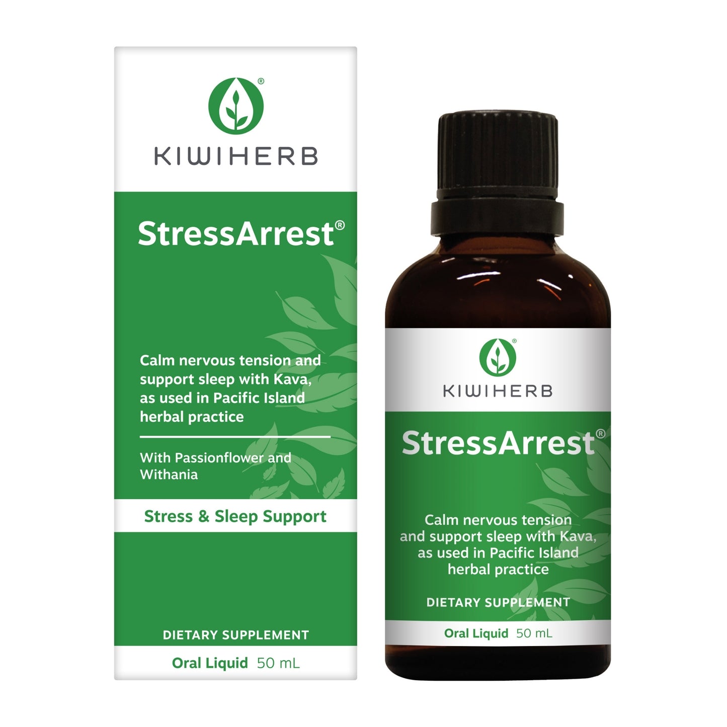 StressArrest Natural Stress Relief with Kava, Withania by Kiwiherb, 50ml oral liquid for calming nervous tension and sleep support.