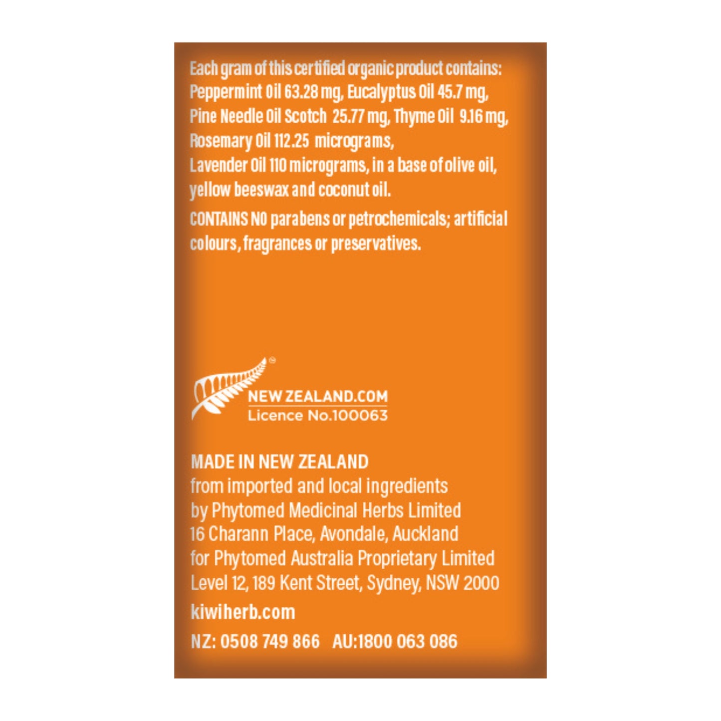 Back of the box of Organic De-Stuff Rub with cautions and how to use it. NZ made and GMP friendly. No nasties. No fragrances.
