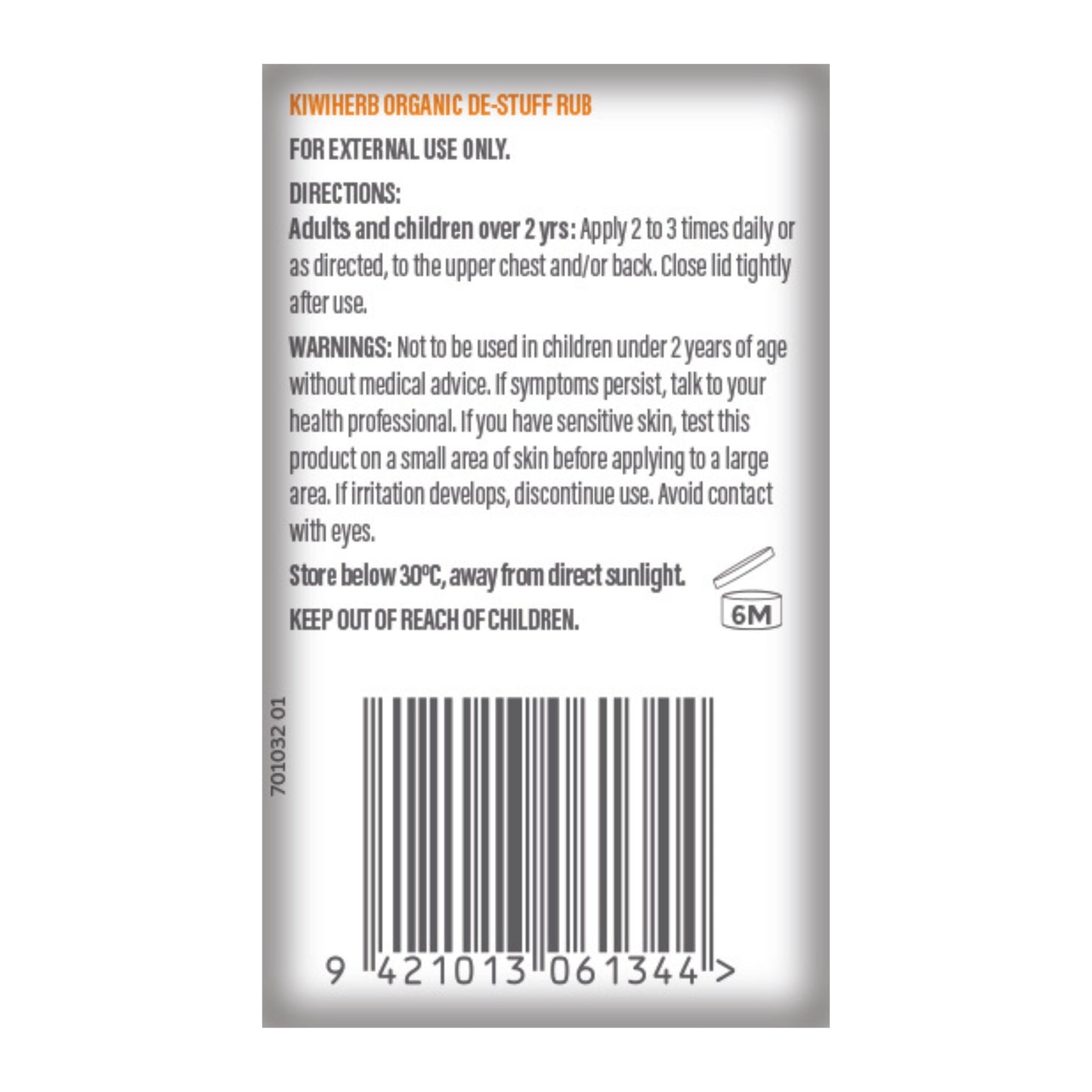 Side of the box of Organic De-Stuff Rub with ingredients, like Peppermint, Thyme, Scotch-Pine Needle, Rosemary and Lavender.