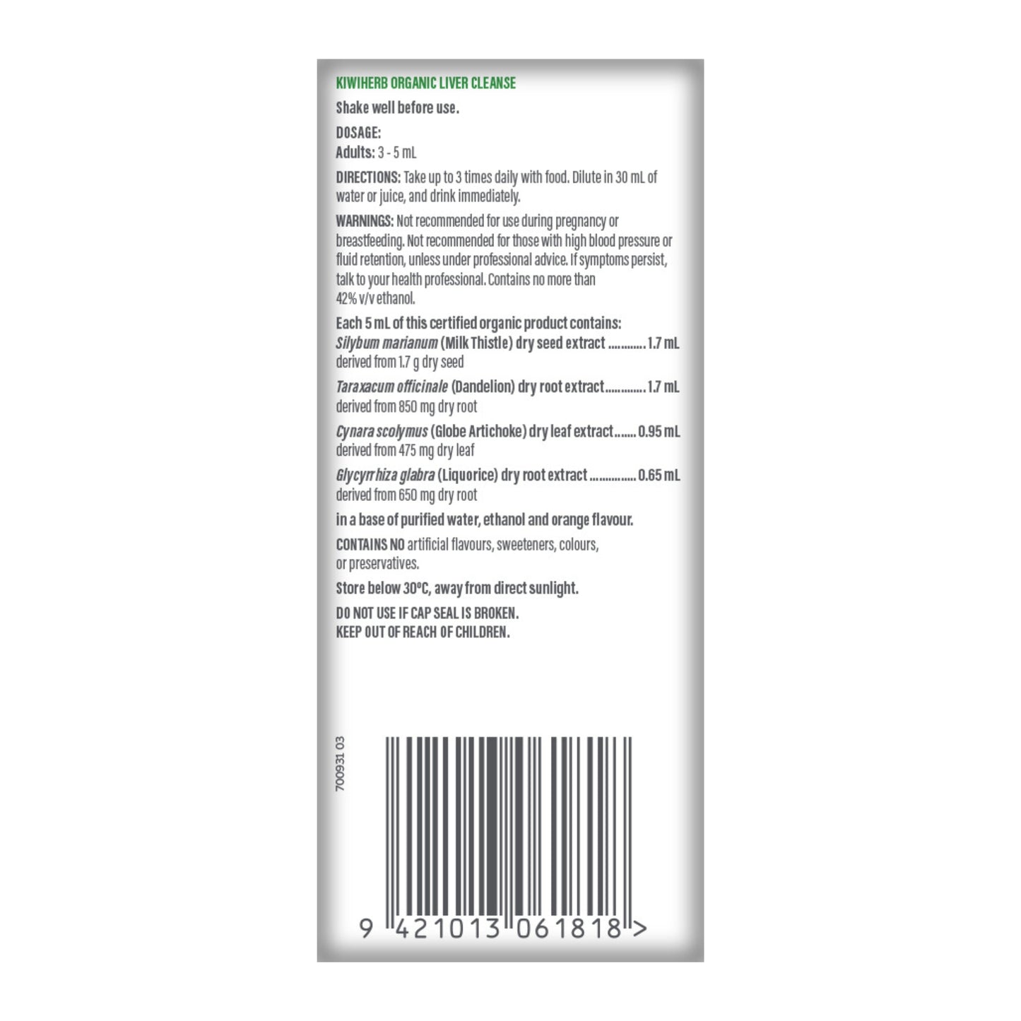 Back of the box of Organic Liver Cleanse