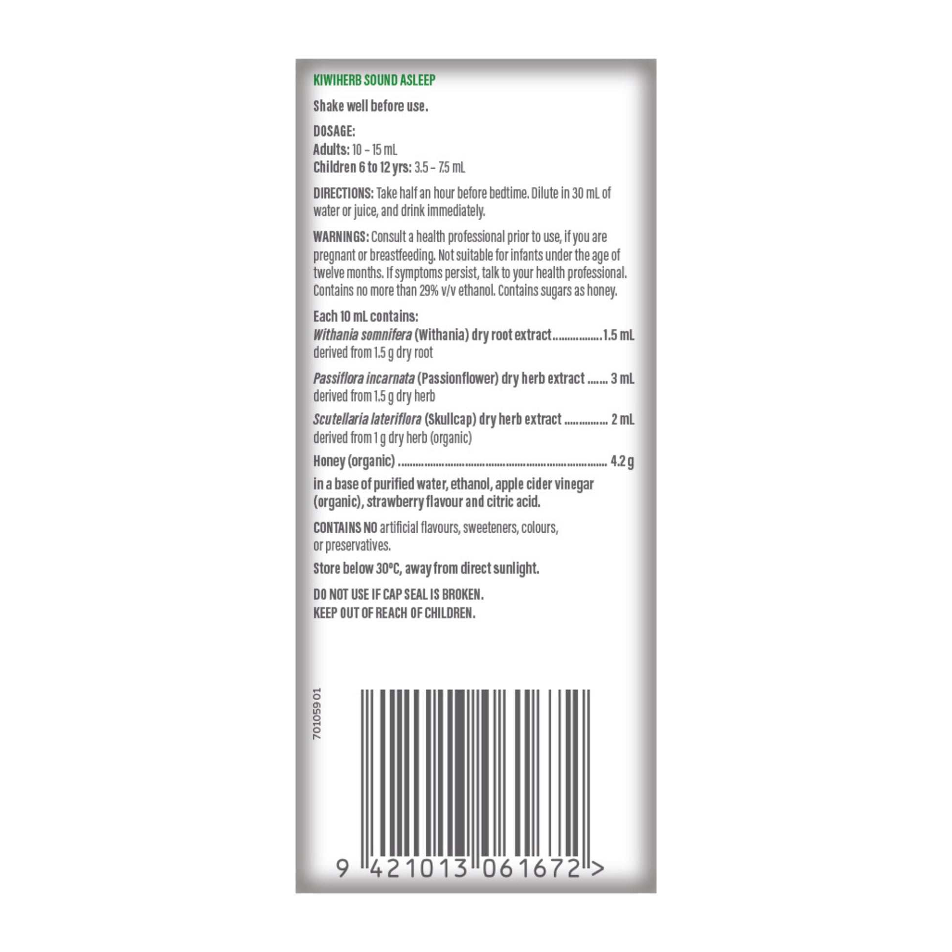 A 100mL of Kiwiherb Sound Asleep back of the box with ingredients that help to sleep.