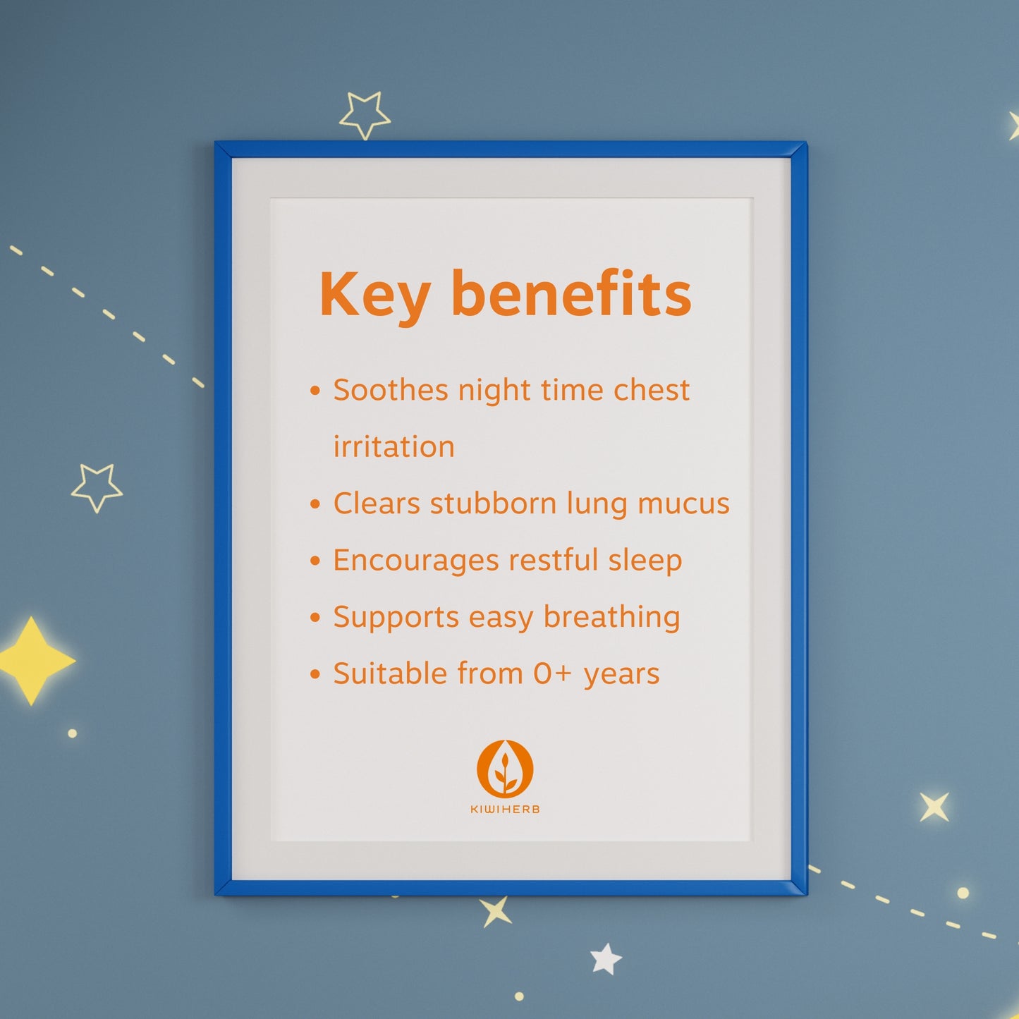 Key benefits of Children's Goodnight Chest Syrup on a children's photo frame.