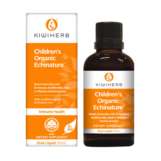 Children's Organic Echinature, strong immune support for children with premium New Zealand grown organic Echinacea.