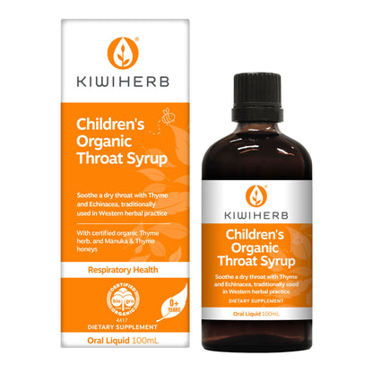 Kiwiherb Children's Organic Throat Syrup with packaging on a white background.