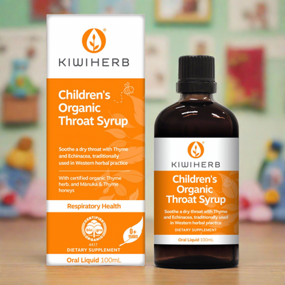 Children's Organic Throat Syrup in a child's room