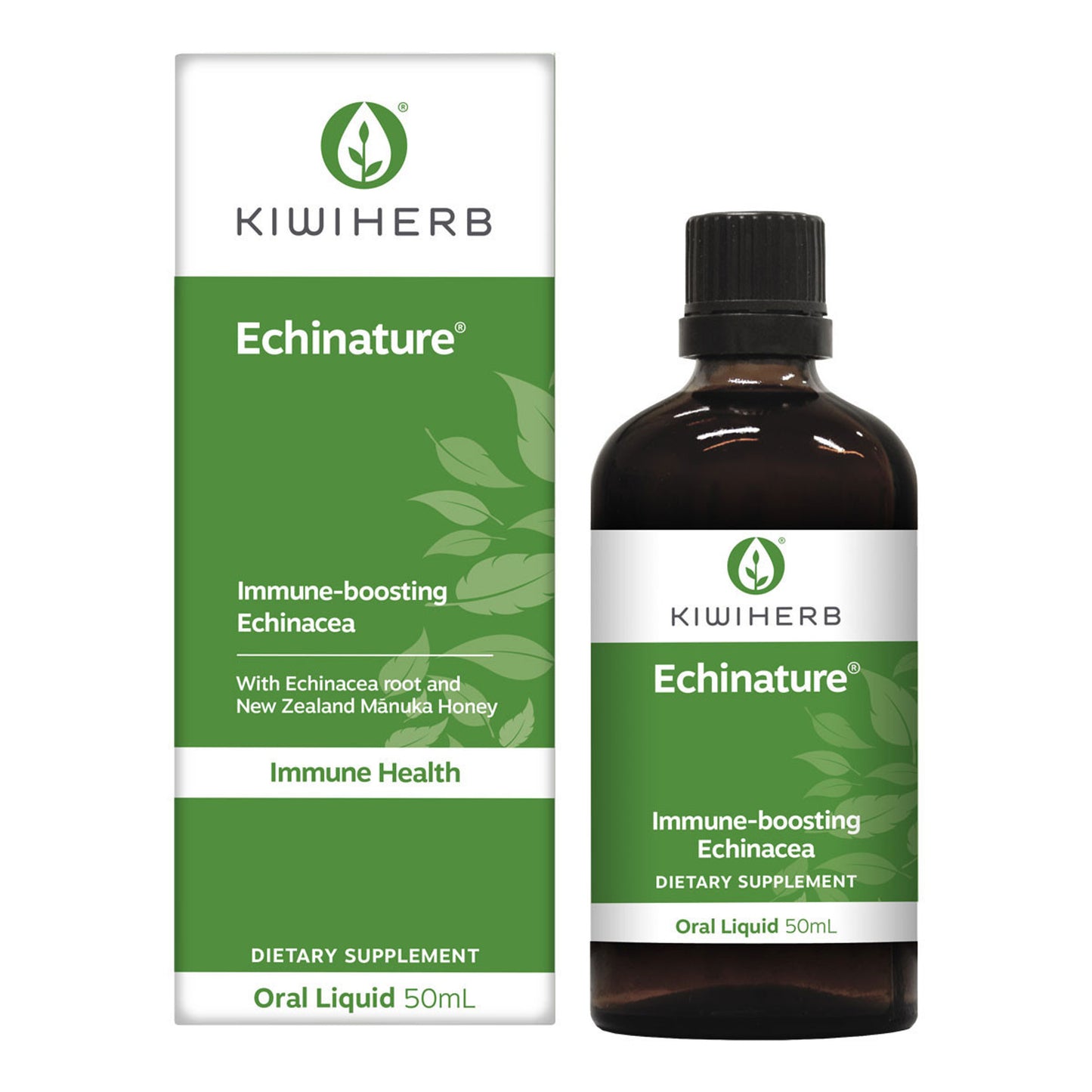 Kiwiherb Echinacea bottle and packaging with white background. 