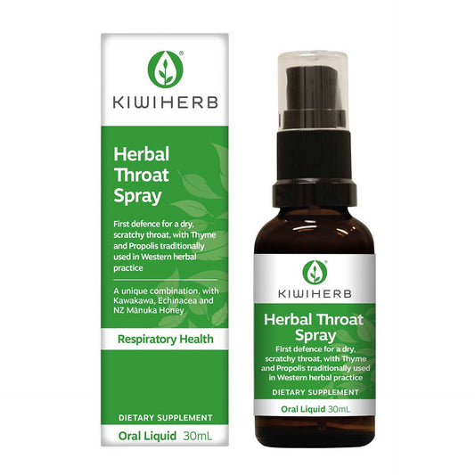 A bottle of Kiwiherb Herbal Throat Spray with a white background.