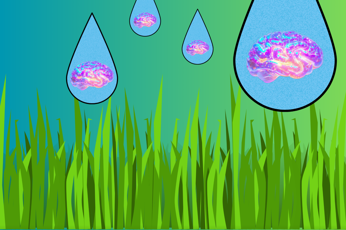 rain drops of water with metallic brains in them dropping onto green grass