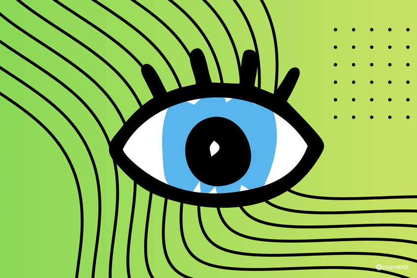 A cartoon eye on a green background with waves