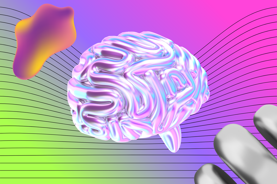 shiny brain on a gradient background of pink and green
