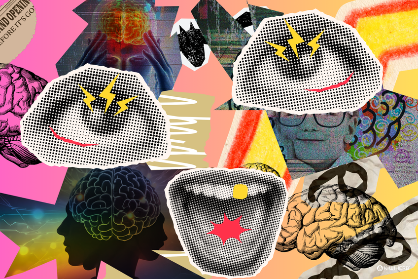 pop art style collage of brain stock photos with pop style eyes over the top