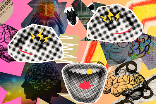 pop art style collage of brain stock photos with pop style eyes over the top