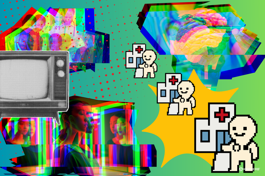 pop art styled image of doctors and a brain with a young woman looking in a mirror. 3 small hosptals and a tv.