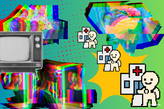 pop art styled image of doctors and a brain with a young woman looking in a mirror. 3 small hosptals and a tv.