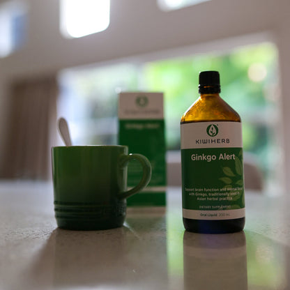 Bottle of Ginkgo Alert on a Table to Support Brain Clarity