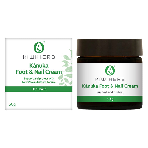 Kānuka Foot & Nail Cream | Kiwiherb 50g jar and box packaging for adult herbal foot care. Supports skin health and helps prevent fungal infections.