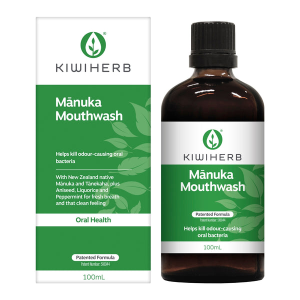 A bottle of Mānuka Mouthwash to support with Bad breath or inflamed gums, mouth ulcers and perfect to post-dental surgery. 