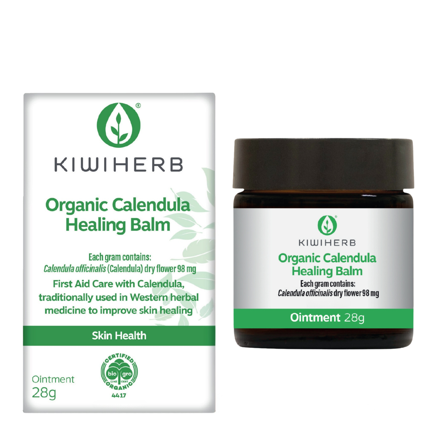 Organic Calendula Healing Balm by Kiwiherb in 28g jar with box packaging. Certified organic skincare ointment for natural skin repair and health.