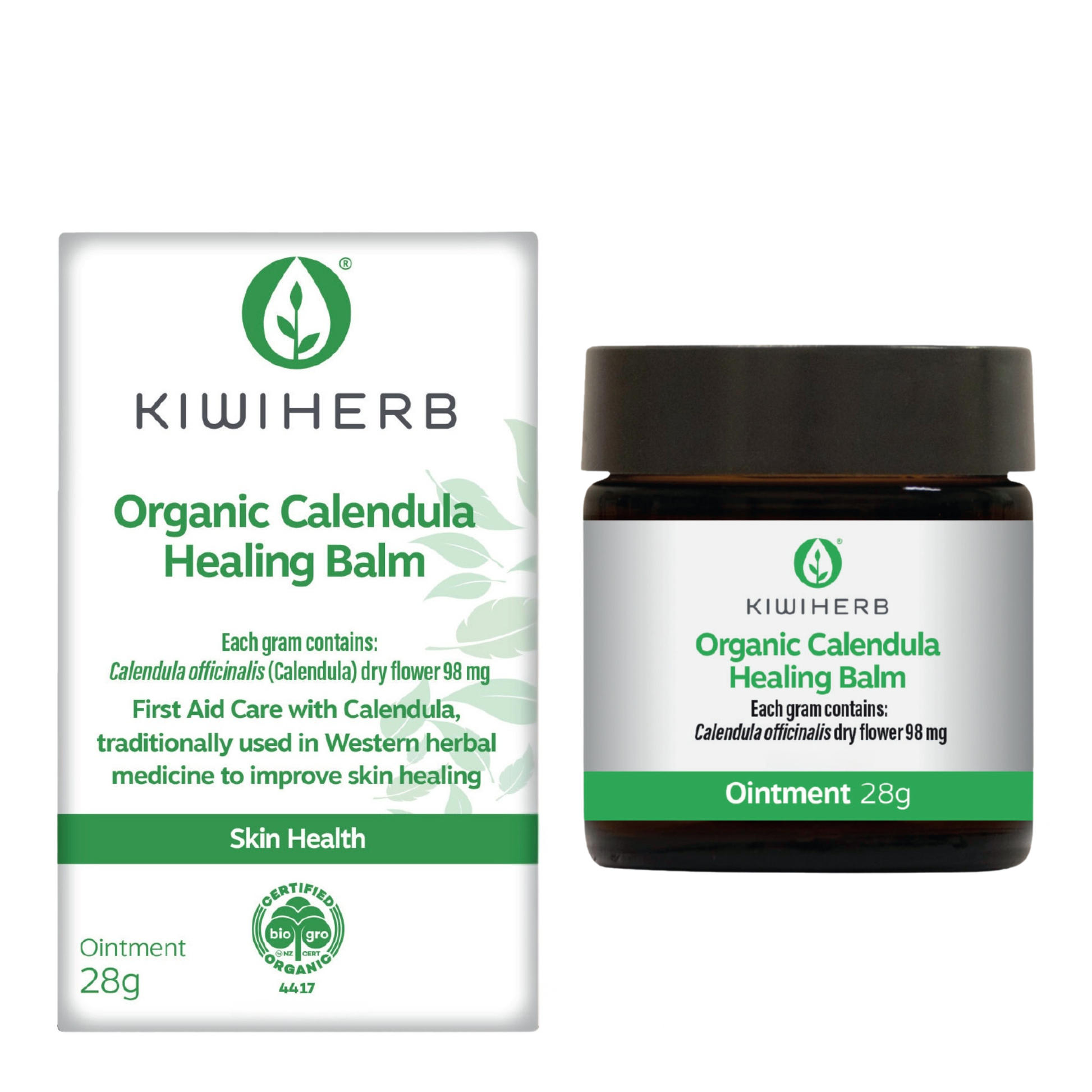 Organic Calendula Healing Balm by Kiwiherb in 28g jar with box packaging. Certified organic skincare ointment for natural skin repair and health.