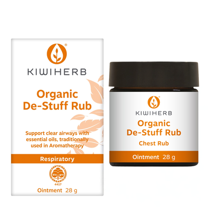 A small jar of Organic De-Stuff Rub with herbs to support sinus and nasal decongestion.