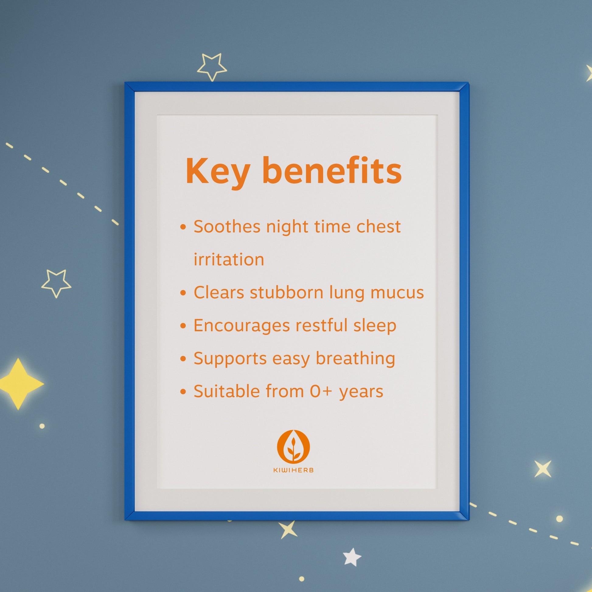 Key benefits of Children's Goodnight Chest Syrup on a children's photo frame. 