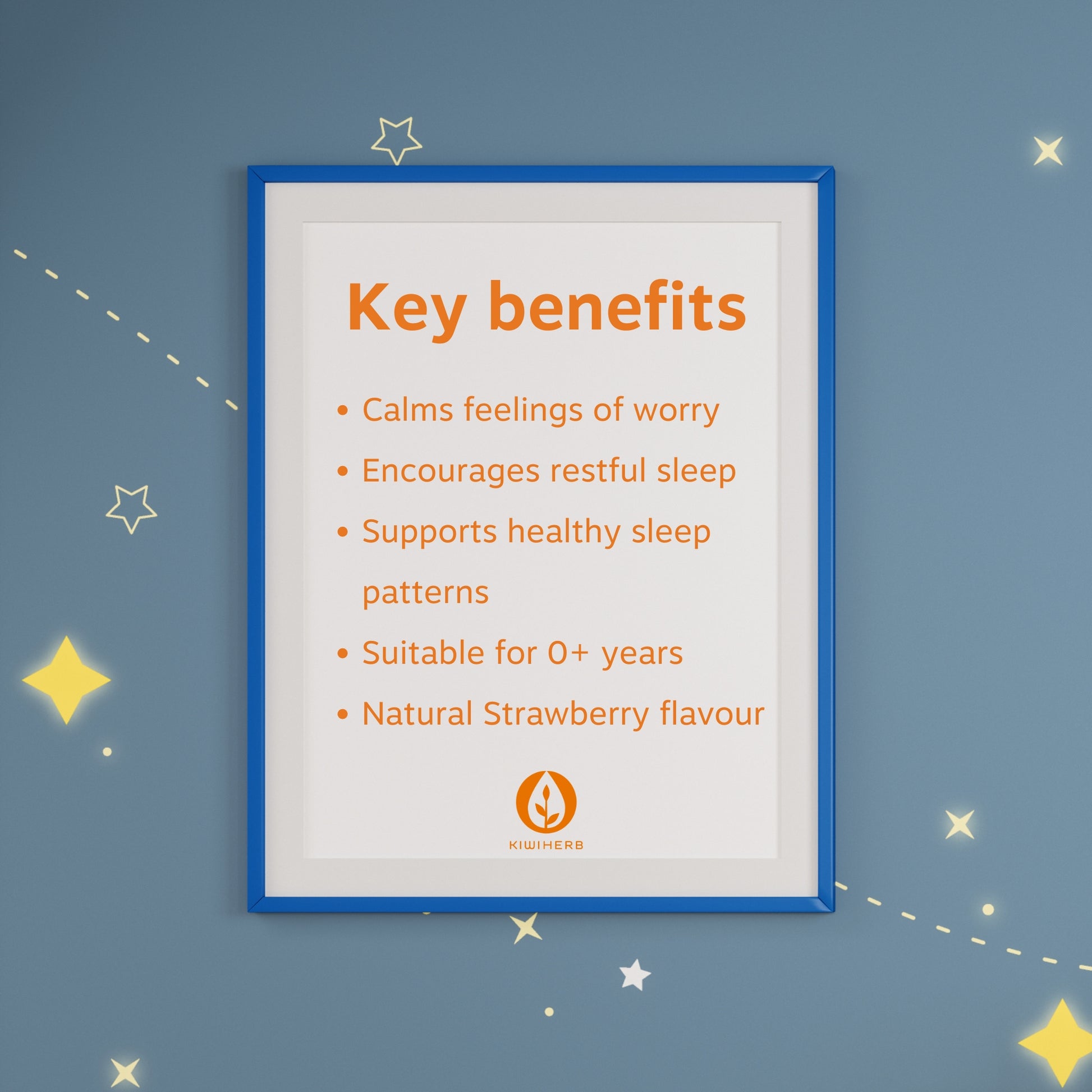 A list of key benefits of Bedtime Bliss on a night sky background with yellow stars.
