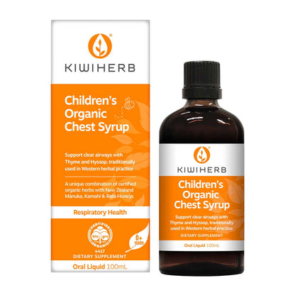 Children's Organic Chest Syrup with packaging on a childrens background.