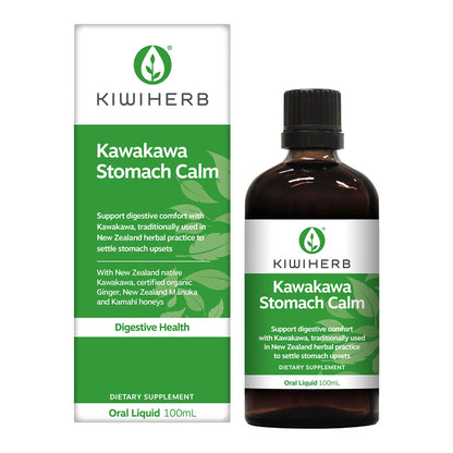 Kawakawa Stomach Calm besides packaging with a white background.