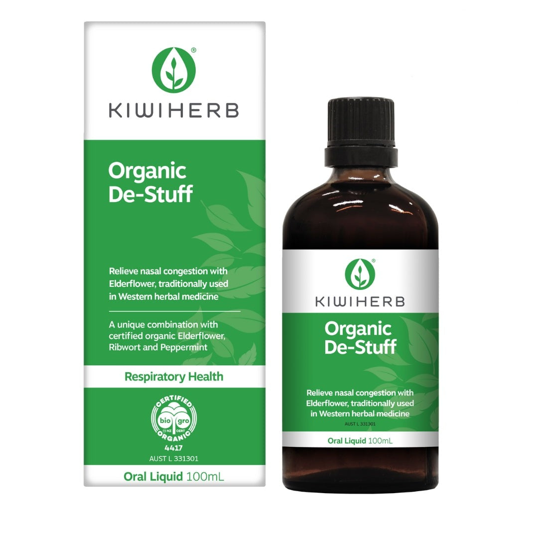 Kiwiherb Organic DeStuff bottle with package. 